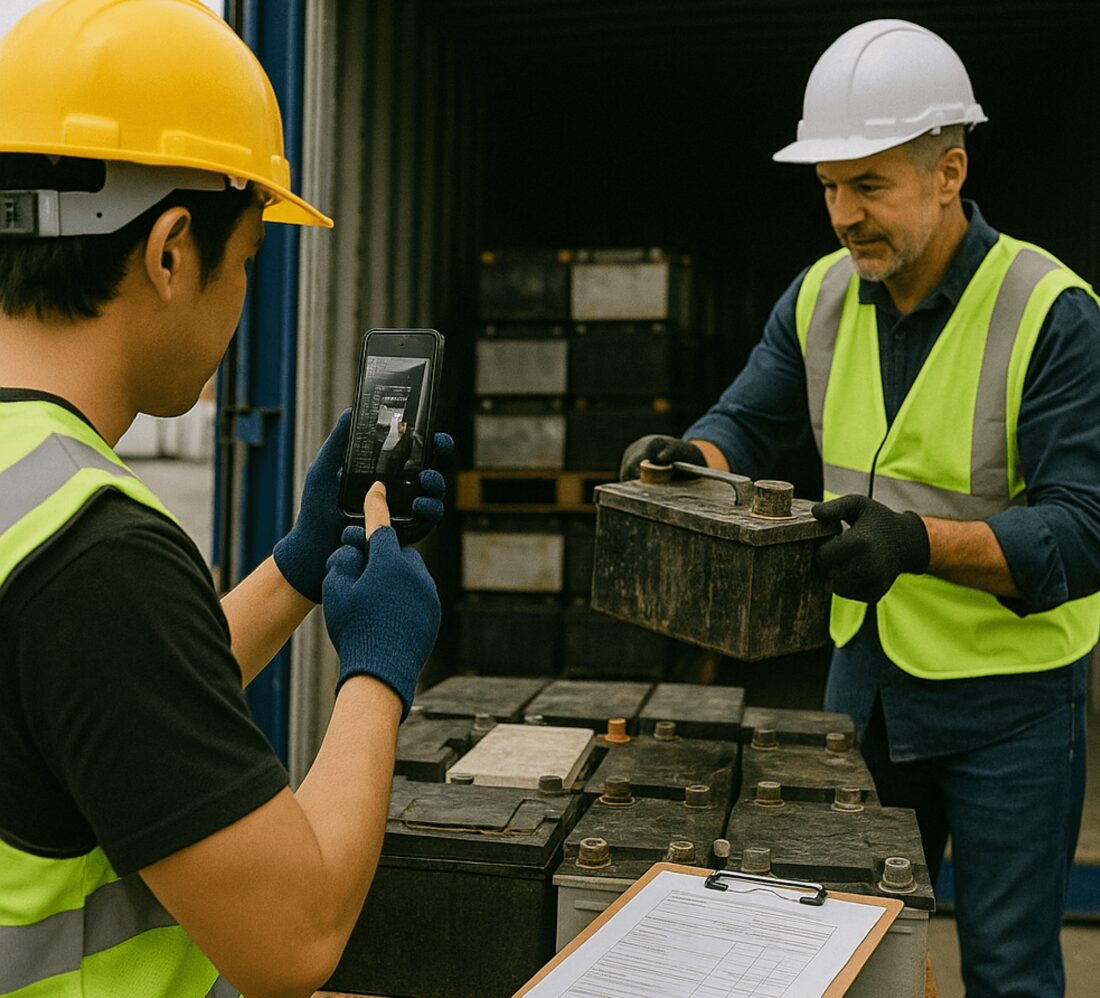 Workers photographing loaded batteries