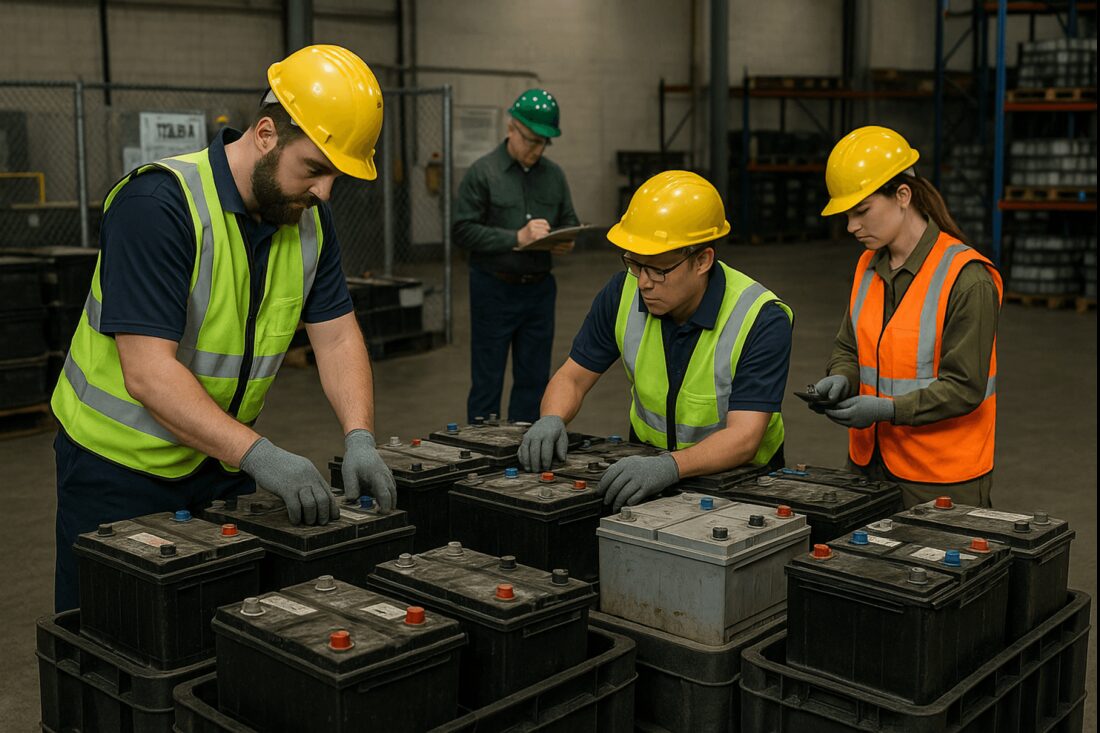 Workers inspecting used lead-acid batteries